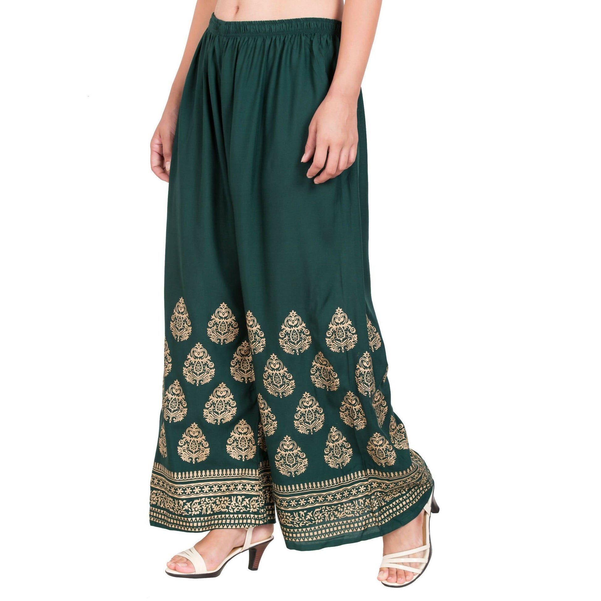 PAVONINE Bottle Green Color Golden Printed Rayon Fabric Sharara For Women & Girls