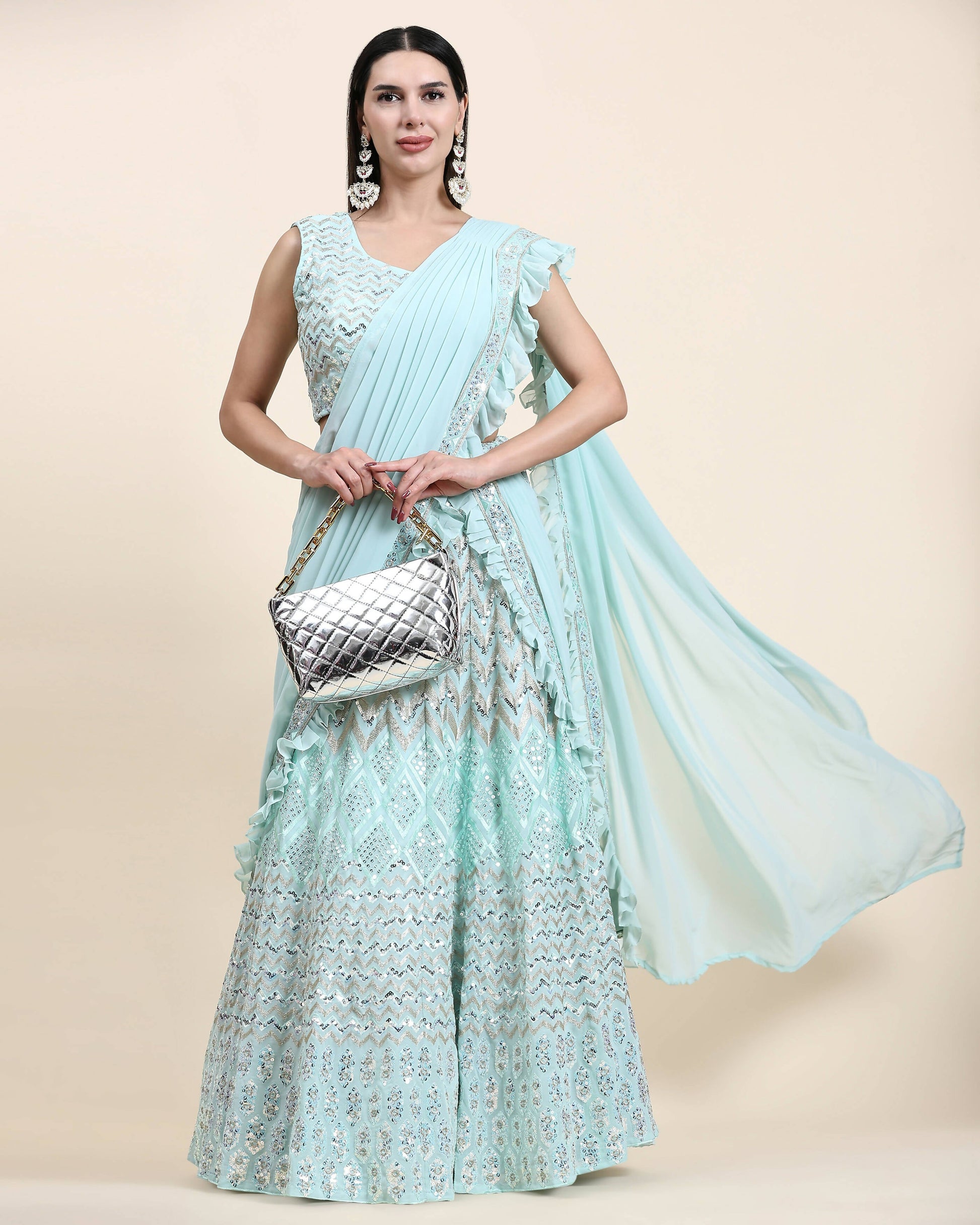 Sky Blue Pure Viscose Georgette Thread With Sequins Embroidery Work Lehenga Choli With Dupatta - Tanya