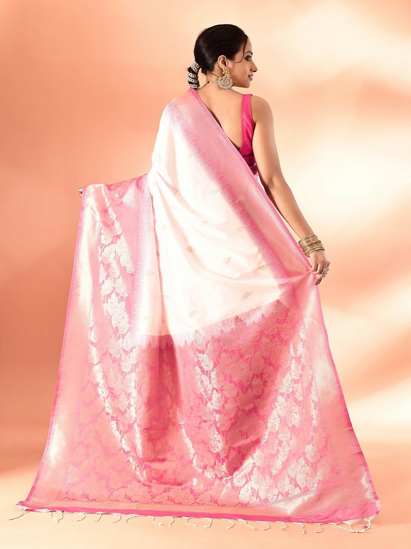 Joban Fashion White & Rani Pink Plain With Weaving Border Banarasi Silk Sarees 