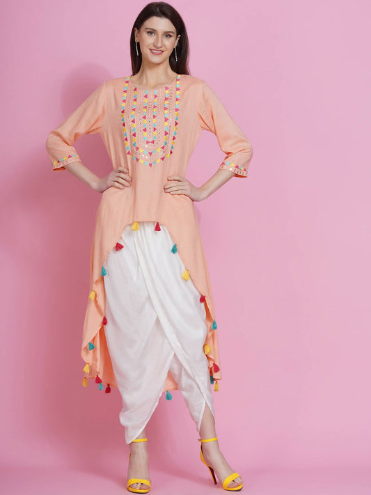 Women Republic Peach Rayon Embroidered Kurta With Mirror Work And Tulip Pants - Grab2buy