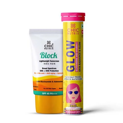 Chicnutrix Korean Skin Glow Protection Routine Combo - Chicnutrix Glow + Block Lightweight Sunscreen SPF 45 PA+++ | Grab2Buy