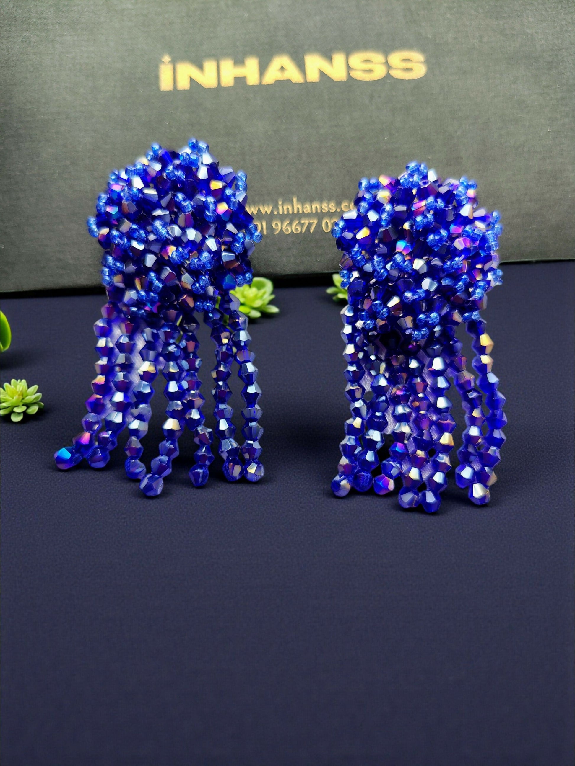 Inhanns Handmade Crystal Water Fall Earrings - Short - Blue Small