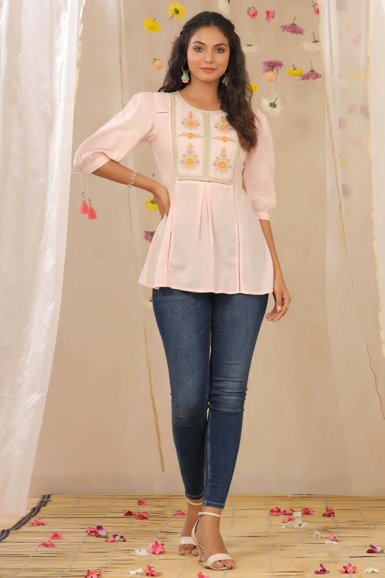 Juniper Women Peach Cotton Dobby Embroidered A-Line Tunic