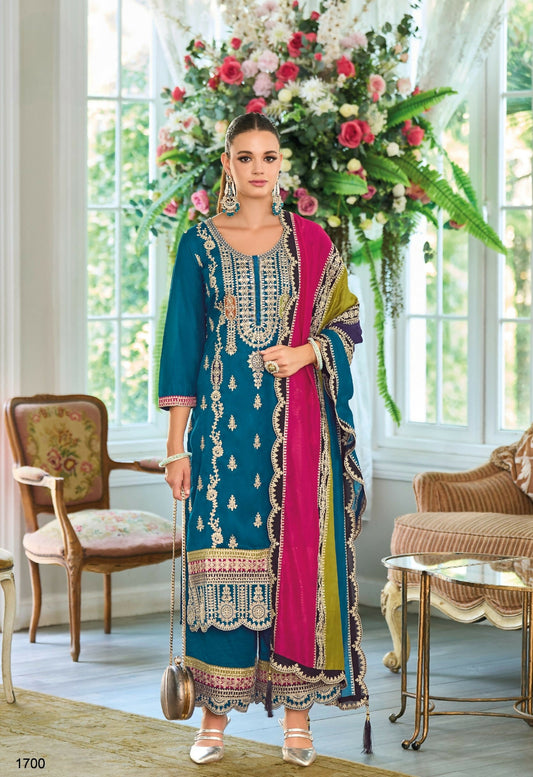 Anaita Teal Premium Embroidered Chinon Stitched Salwar Suit