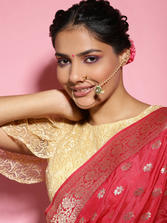 Gold-Plated Green White Kundan Studded Beaded Chained Nosepin - Ruby Raang - Grab2buy