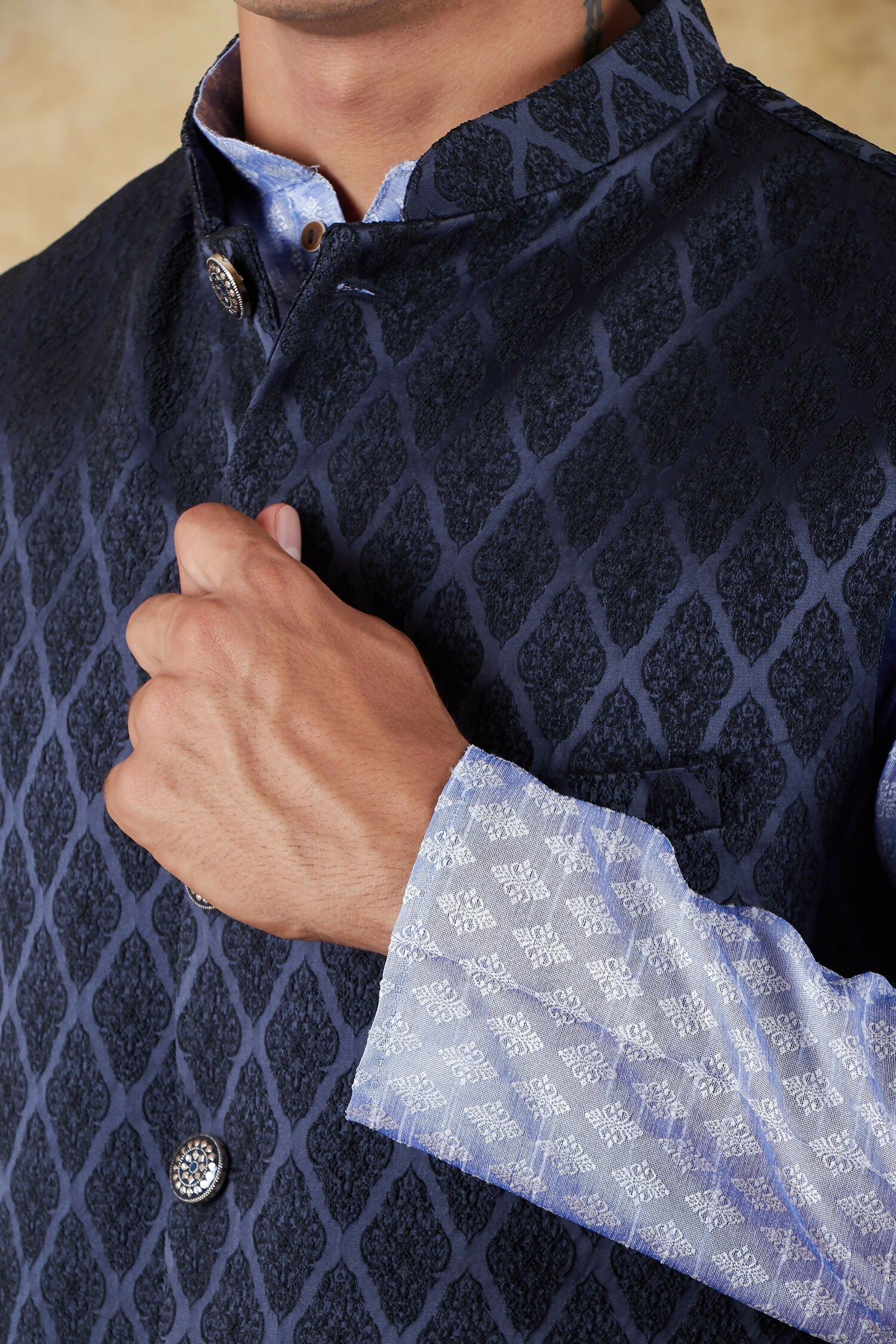 Bluesaanchi Men's Jacquard Prussian Blue Waistcoat | Swadesiicart