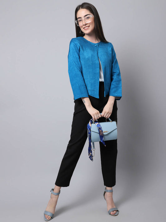 Even Apparels Blue 100% Viscose Open Front Statement Women's Jacket - Grab2buy