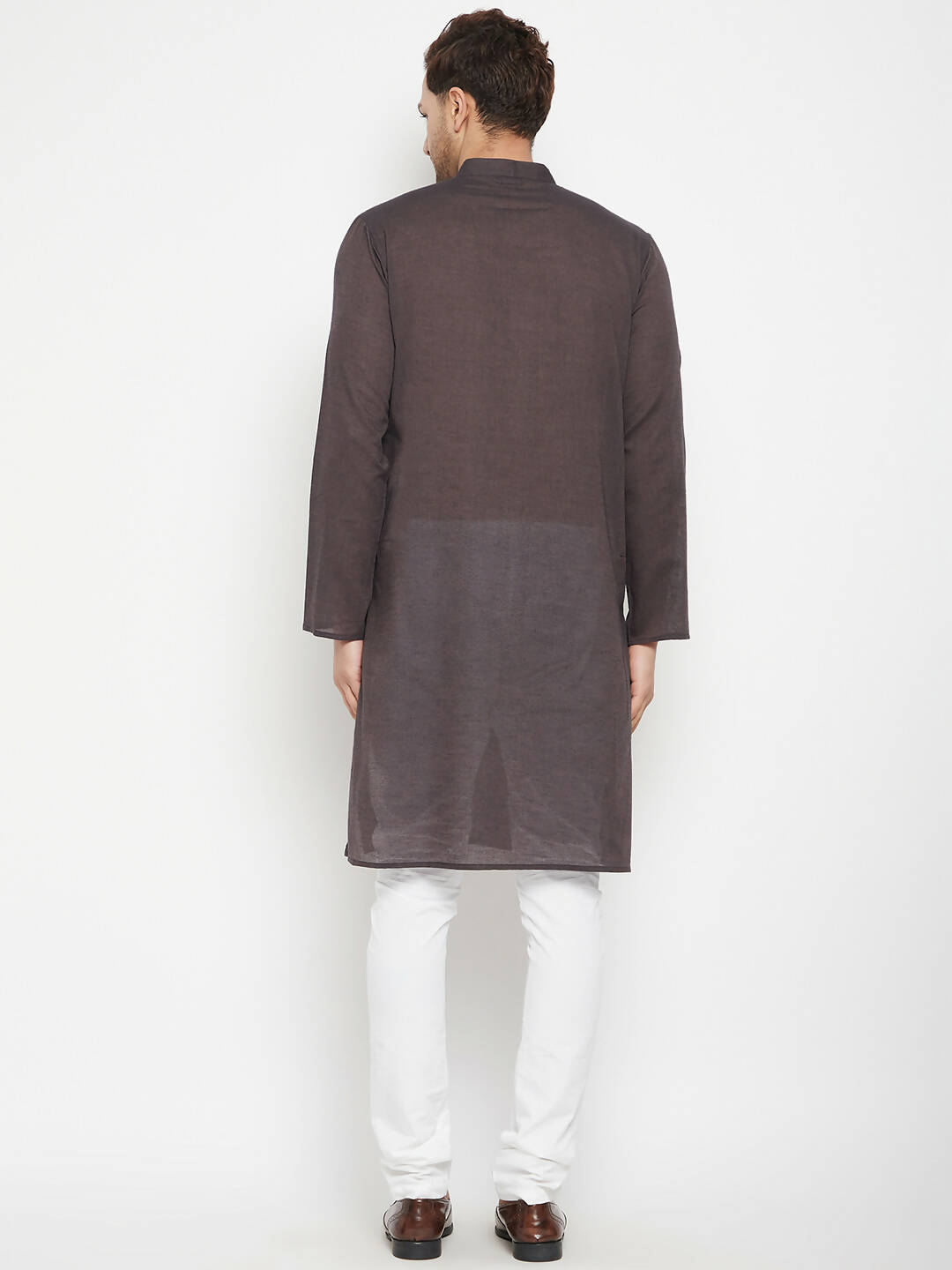 Even Apparels Brown Pure Cotton Long Men's Kurta With Band Collar 