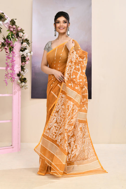 Piyari Fashion Women's Mustard Embellished Cotton Blend Jamdani Saree
