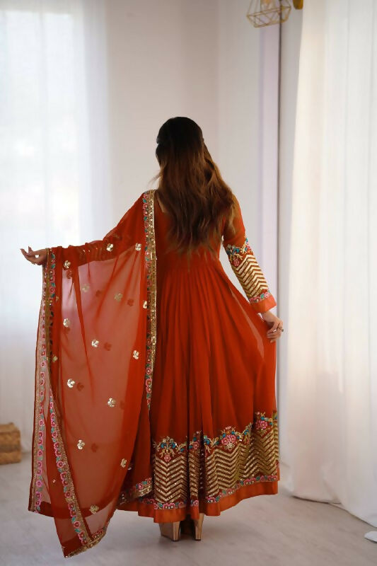 Prazu Fashion Orange Georgette Embroidered Sequence Anarkali Suit