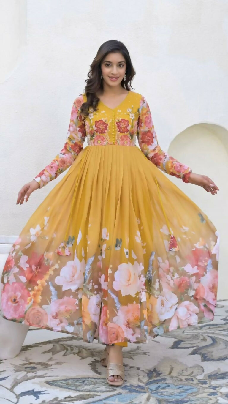 Teeya Creation Yellow Color Faux Georgette Printed Party Wear Gown