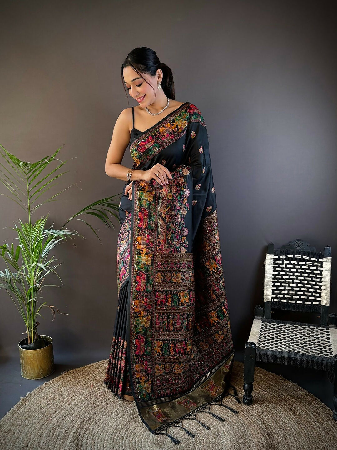 Joban Fashion Black Meena Weaves Pashmina Sarees