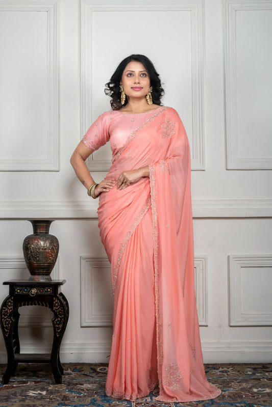 Morchari Peach Chiffon Hand Embroidery Saree And Stitched Blouse