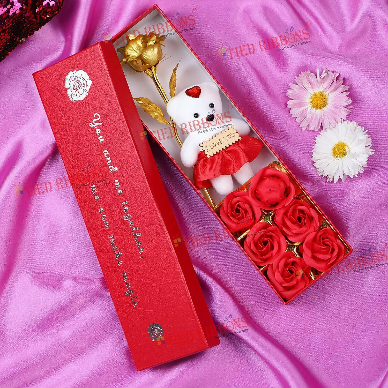 Tied Ribbons Rose Flower Artificial With Teddy - Valentines Day Gift Box 