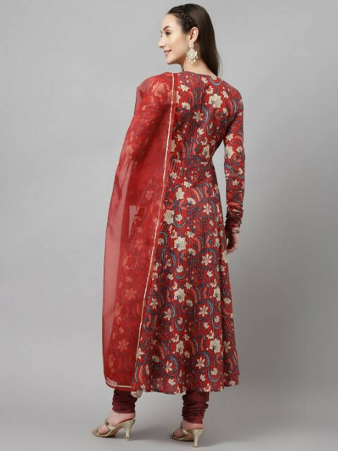 FIORRA Women's Maroon Pure Cotton Flared Kurta Pant With Dupatta 
