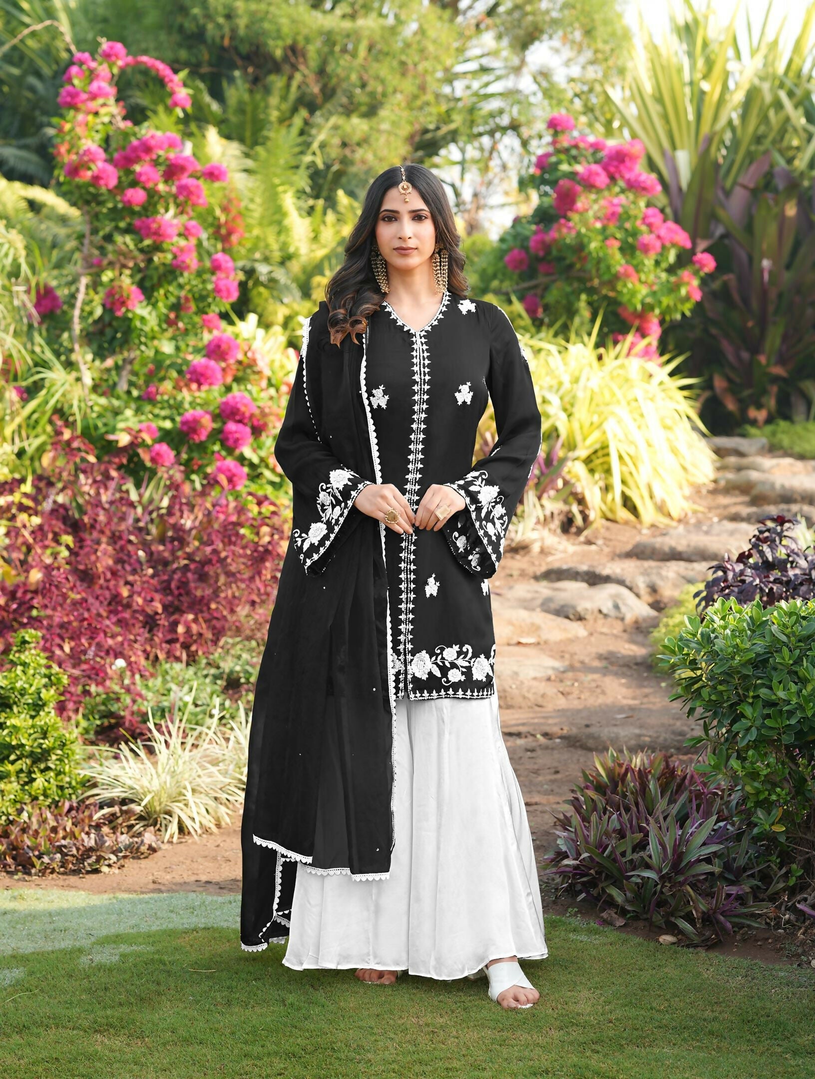 Nikhaar Black Embroidered Modal Silk Stitched Straight Cut Kurta Kalidar Palazzo Dupatta Readymade Suit