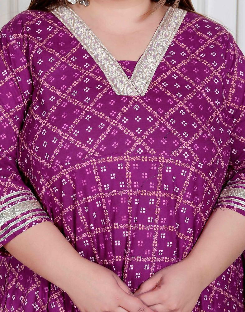 Miravan Plus Size Women Cotton Magenta Gota Lace And Embroidered Anarkali Kurta