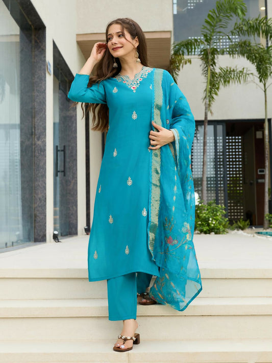The52 Blue Women's Gorgeous Viscose Fabric Embroidered Work Straight Kurta, Pant and Dupatta Set | Grab2Buy