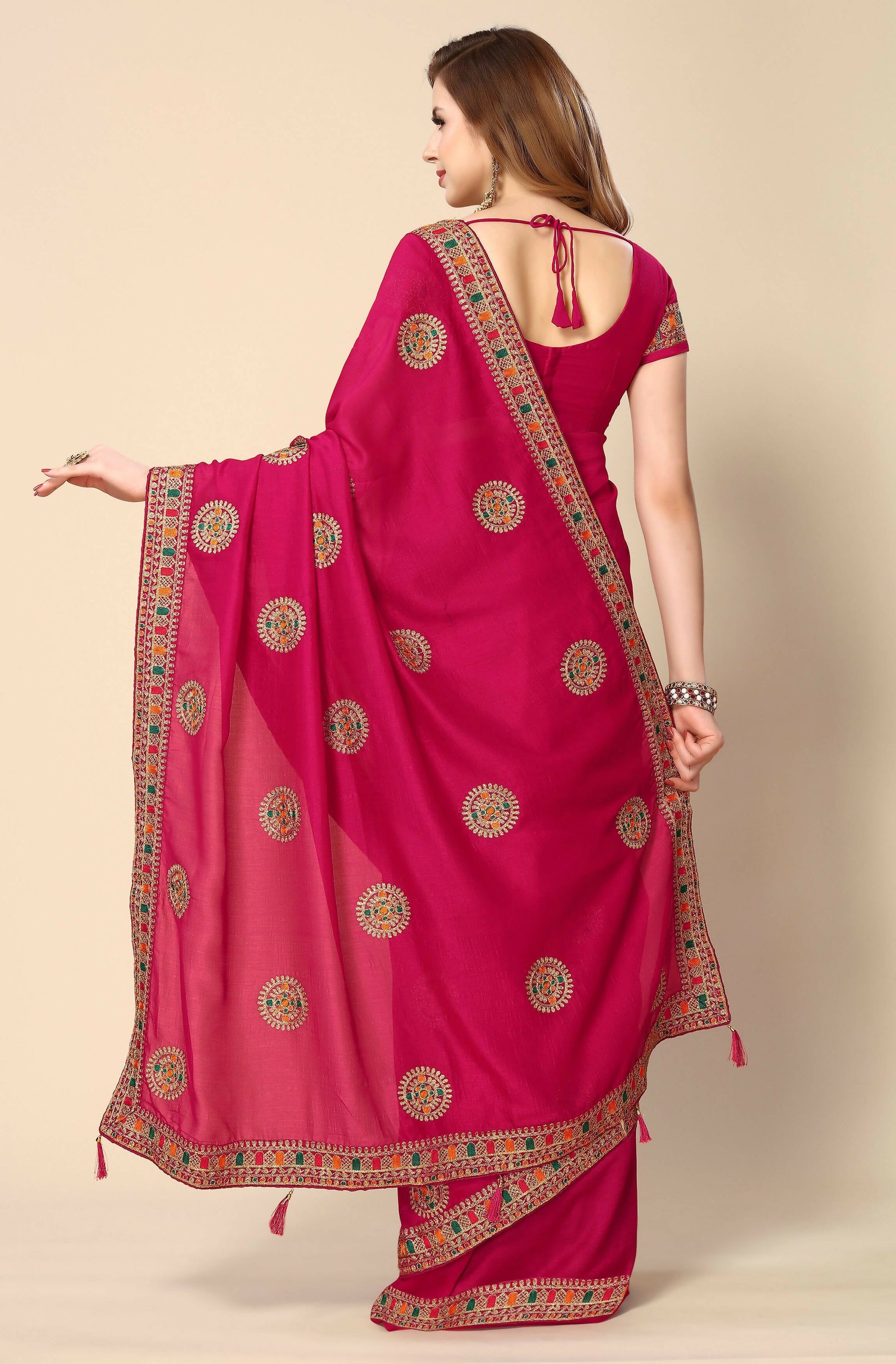 Pink Chinon Embroidered Saree with Unstitched Blouse Piece - Roozal