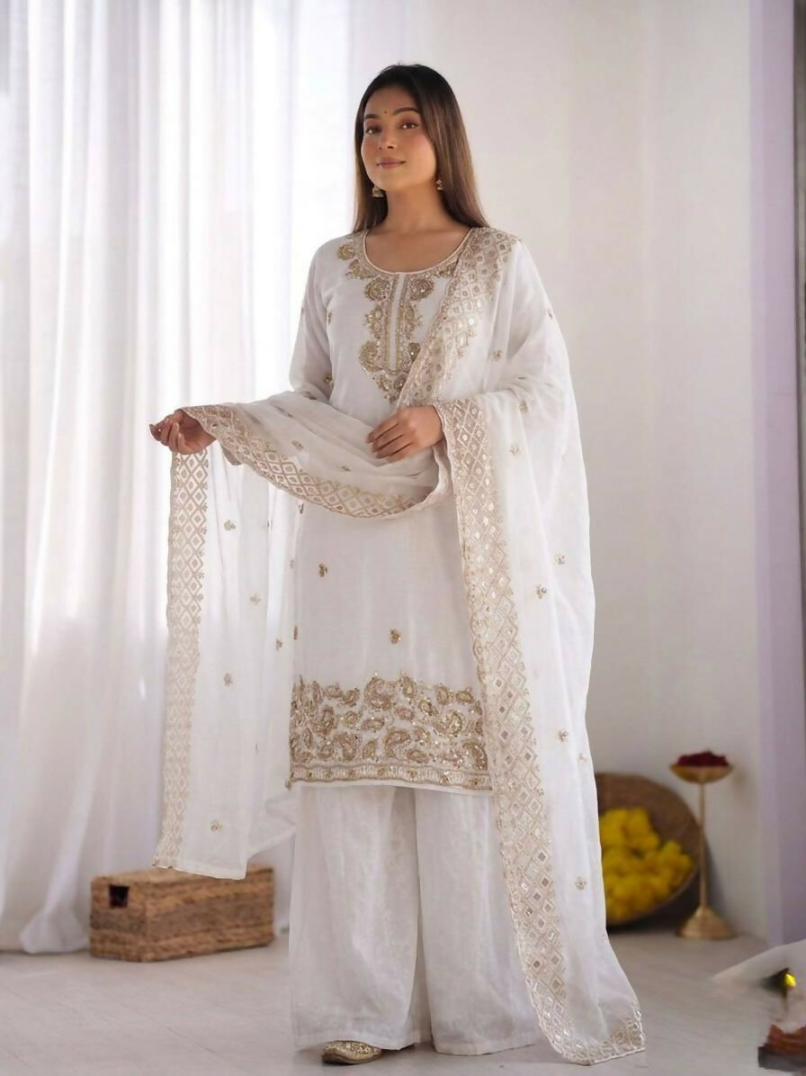Teeya Creation Womens New Trendy Stylish Embroidery Beads Work Palazzo Kurta Set -White