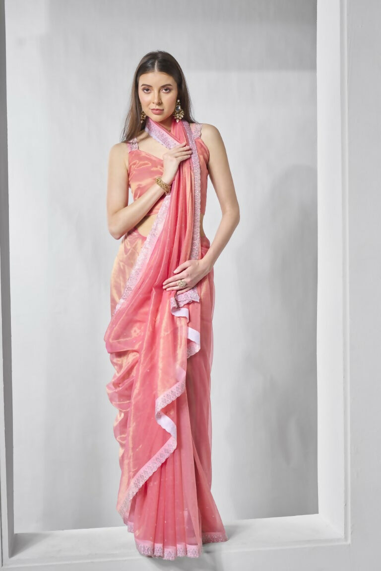 Pink Gold Tissue Net Solid & Gold Cotted Saree - Samaa