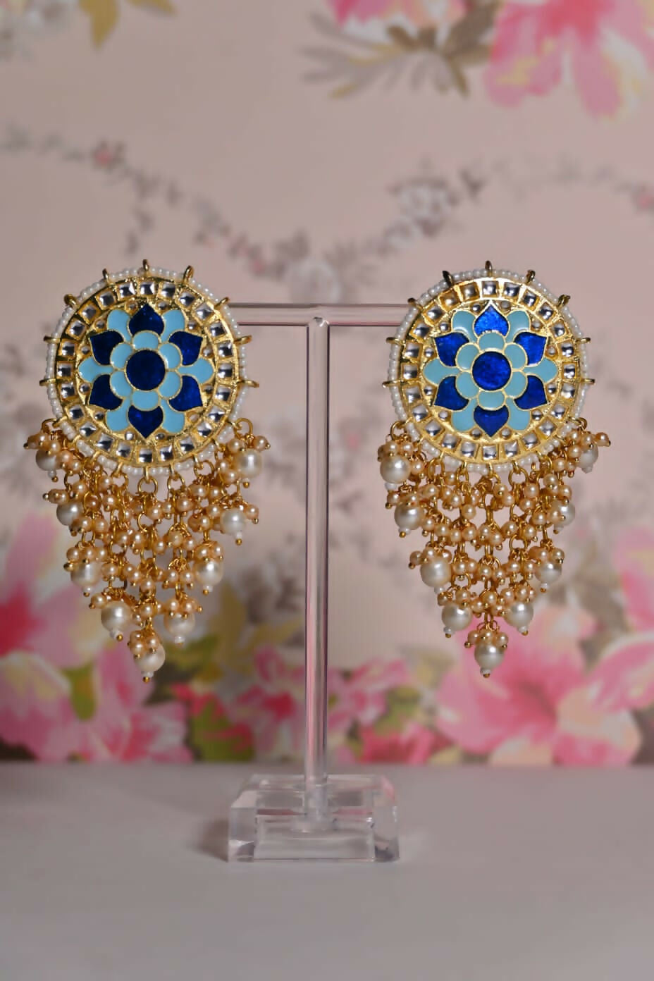 Blue Mandala Flower Hand Painted Bridal Earrings By House of Ree House of Ree