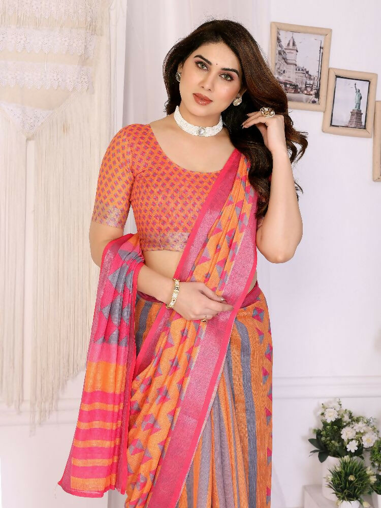 PR Fashion Orange Handloom Linen Cotton Zari Saree
