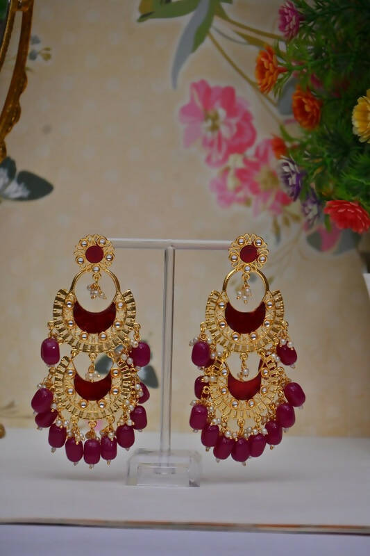 Meenakari Work Gold Plated 2 Layered Beaded Maroon Chandbali Earrings with Kundan and Pearl Work By House of Ree - Grab2buy