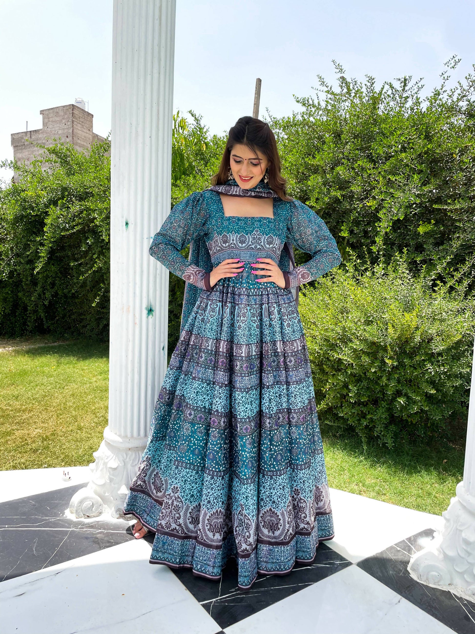Partywear Designer Skyblue Chanderi Suit - Anbazaar