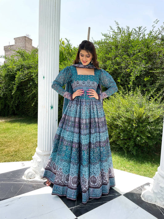 Partywear Designer Skyblue Chanderi Suit - Anbazaar