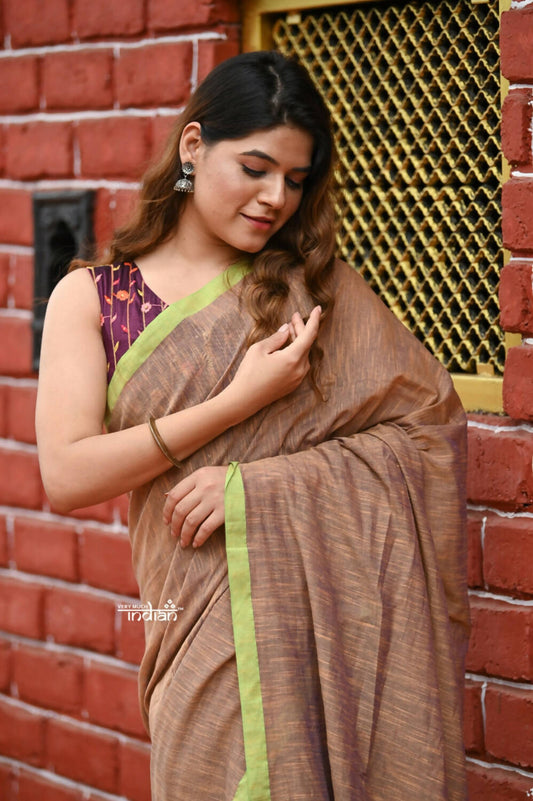Very Much Indian Pure Cotton Handloom Saree With Intricate Borders - Beige - Grab2buy