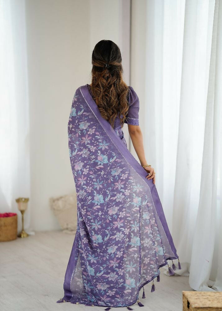PR Fashion Lavender Bright Moss Satin Patta Printed Saree