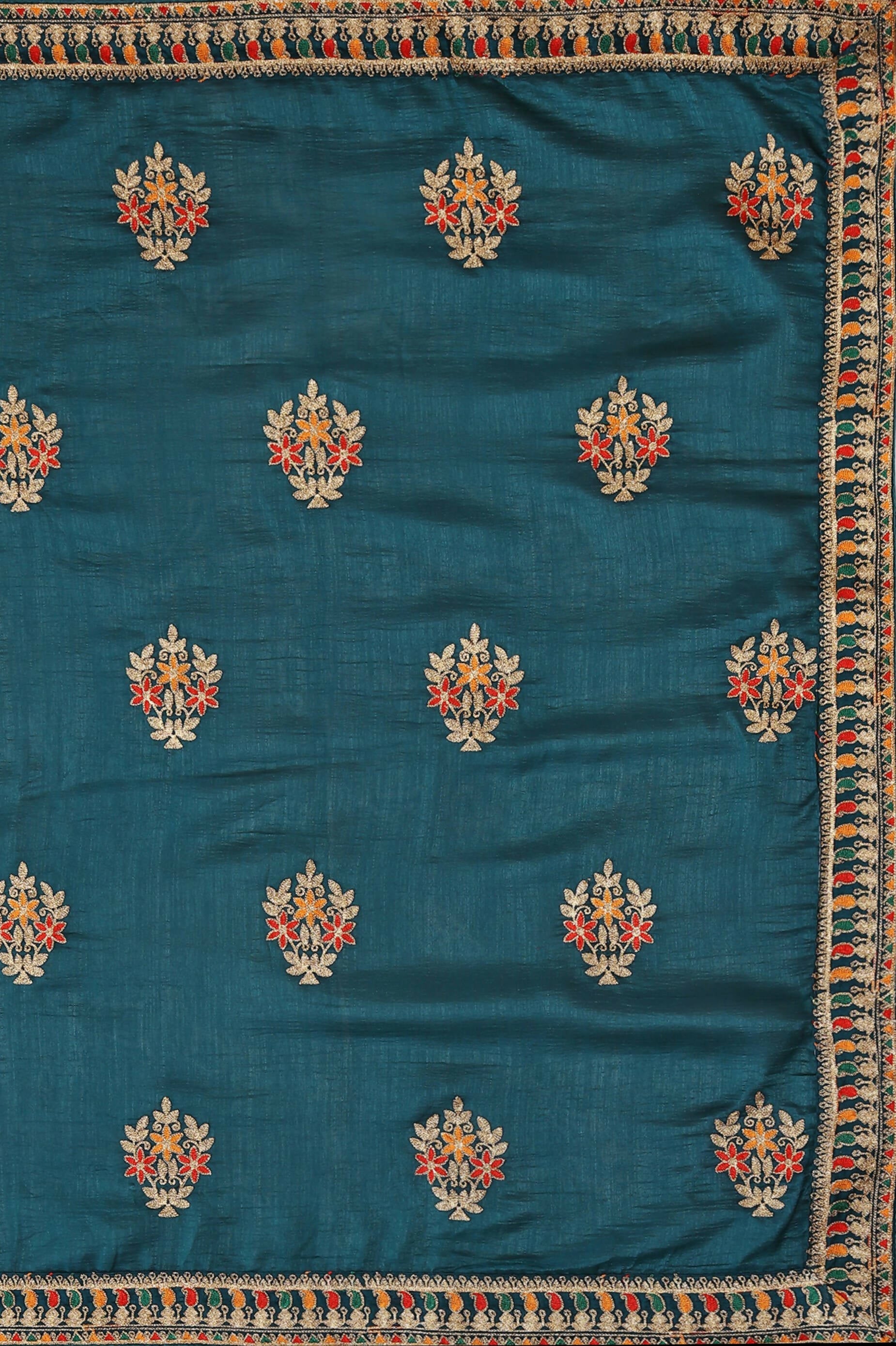 Teal Chinon Embroidered Saree with Unstitched Blouse Piece - Roozal