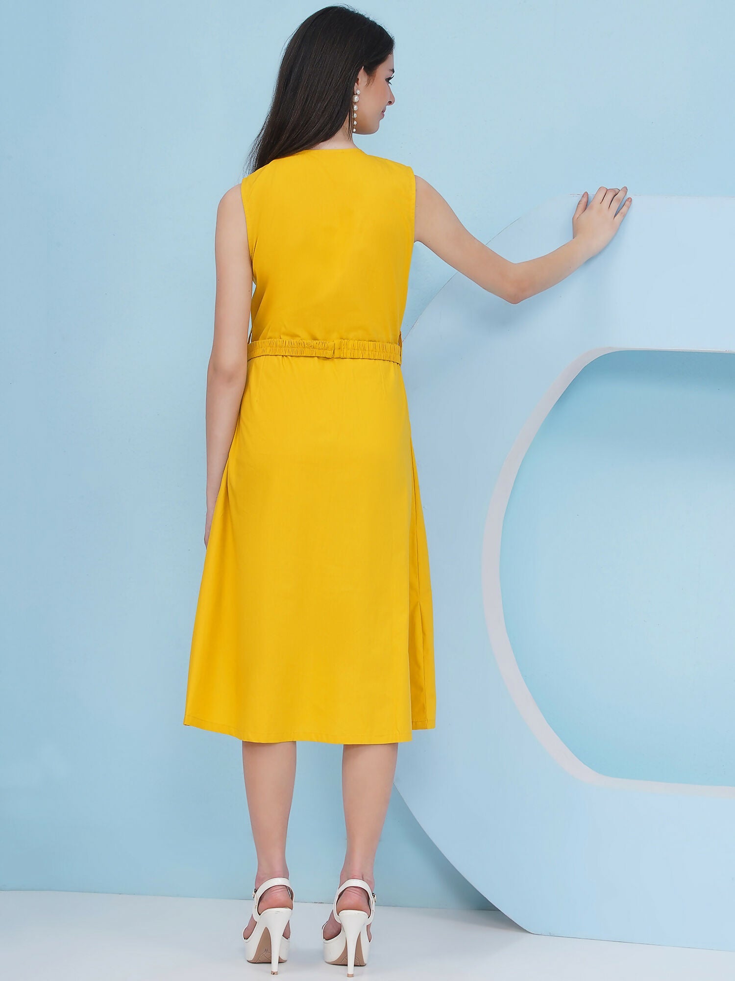 Joban Fashion Yellow Dress with 3D Flower Embroidery and Belt