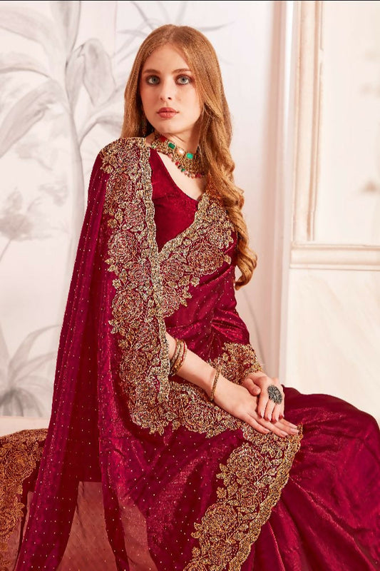 PR Fashion Maroon Fendi Two Tone Silk Heavy Zari & Resham Embroidery Work With Heavy Zircon Work Saree
