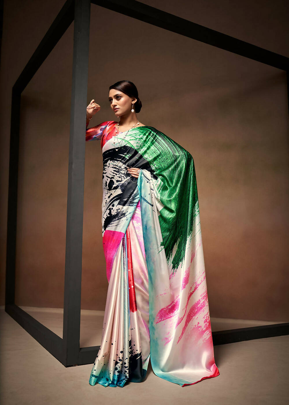 Green Satin Digital Printed Saree with Unstitched Blouse Piece - Jodha