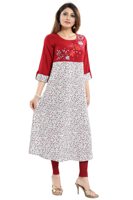 Snehal Creations Magnificent Maroon Rayon Printed Flared Long Tunic