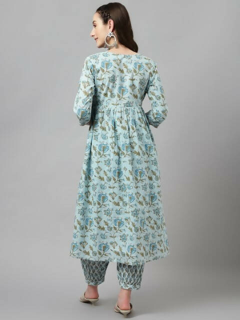 FIORRA Women's Sky Blue Pure Cotton Flared Kurta Set 