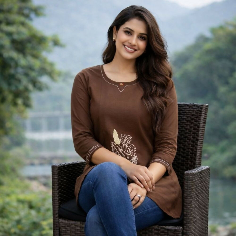 Teeya Creation Womens New Latest Cotton Brown Floral Embroidered Short Kurti