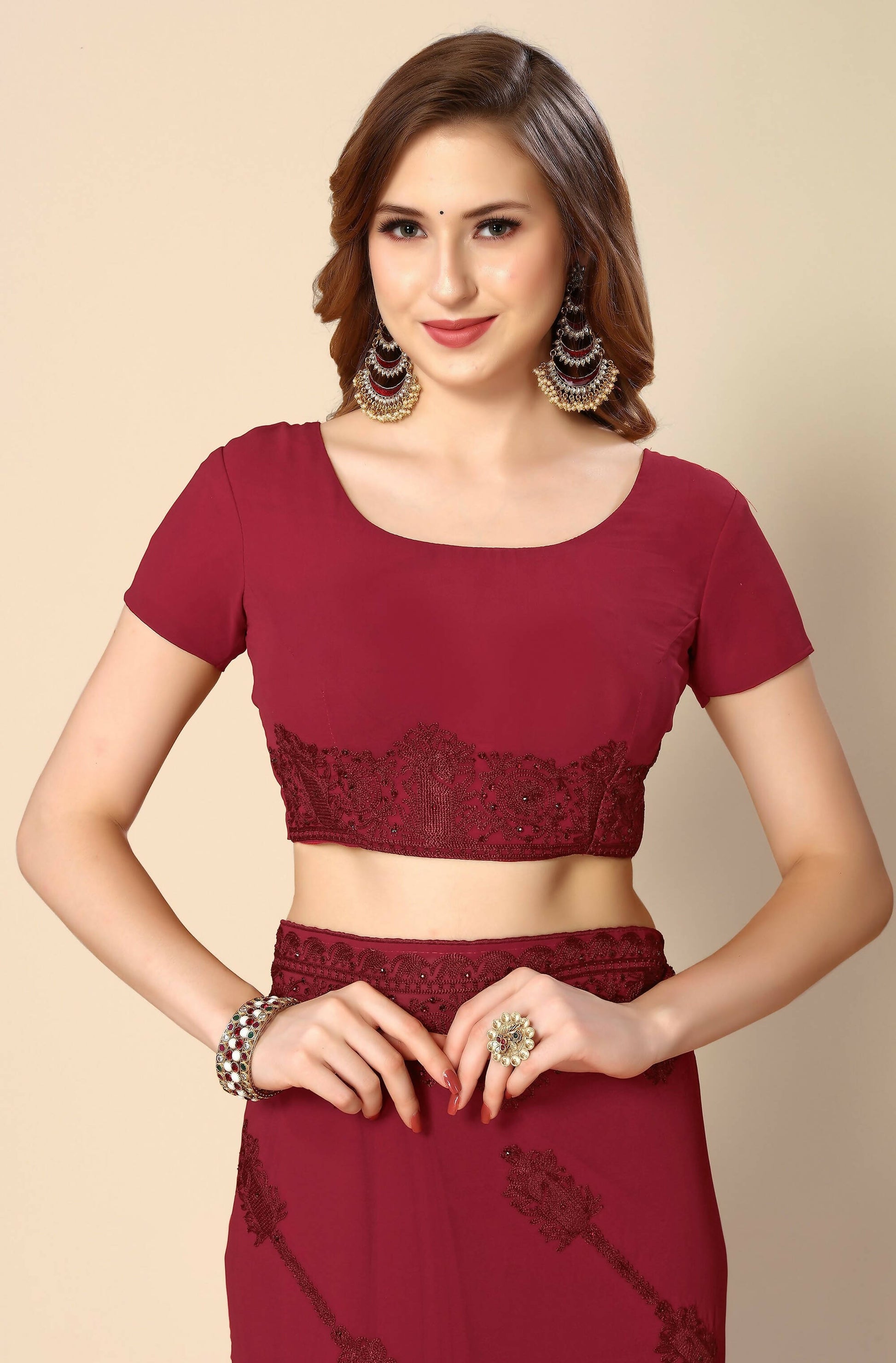 Maroon Georgette Embroidered and Stone Work Saree with Unstitched Blouse Piece - Roozal