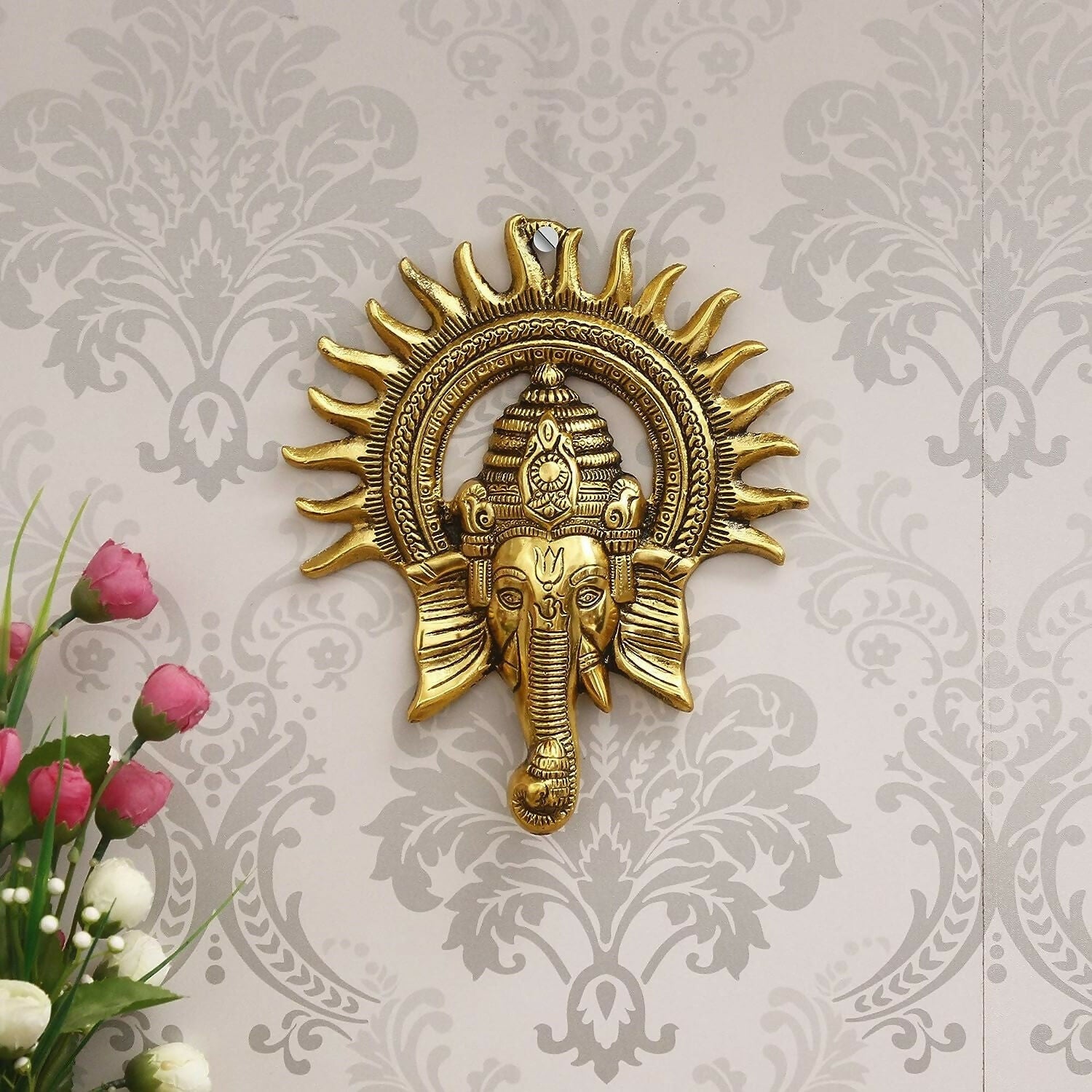 eCraftIndia Golden Lord Ganesha With Sun Decorative Metal Wall Hanging - Grab2buy