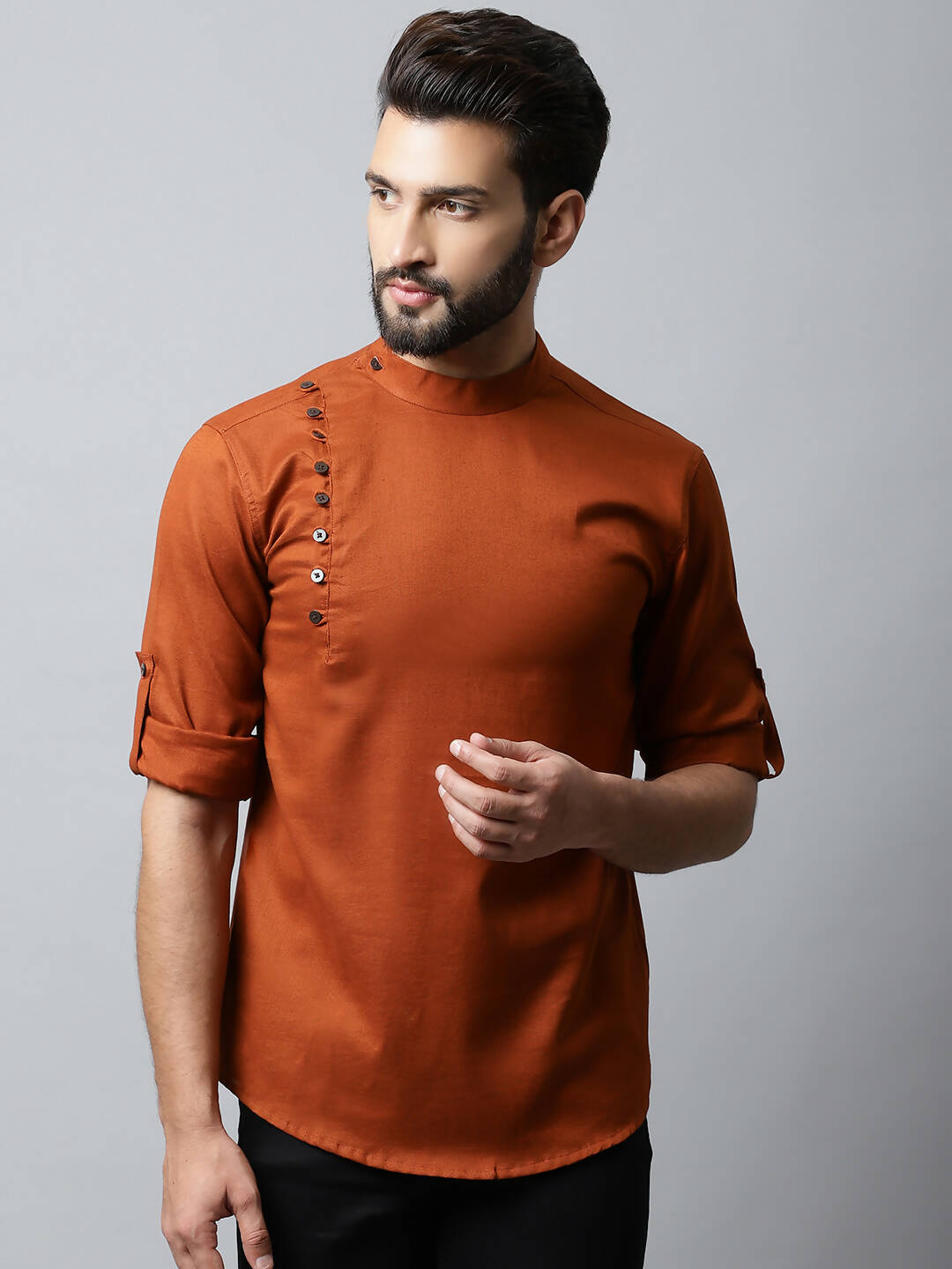 Even Apparels Brown Color Linen Pure Cotton Men's Kurta With Side Placket (SLD1137) 