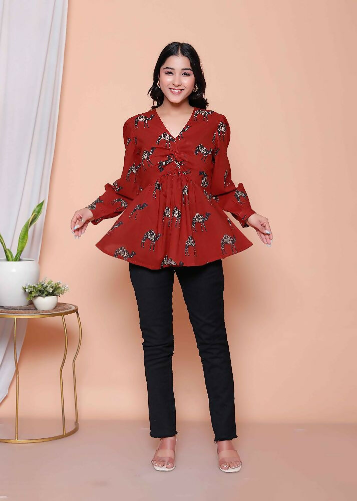 Miravan Womens Brown Animal Printed Balloon Sleeves V Neck Butterfly Top