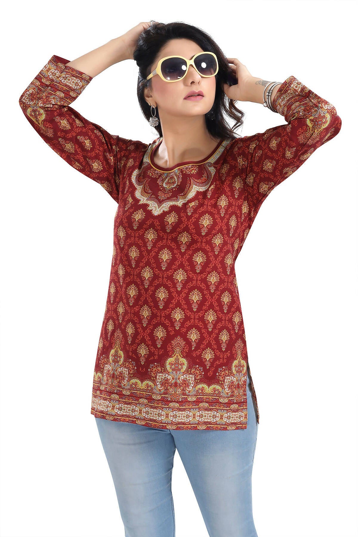 Snehal Creations Magical Maroon Printed Short Kurti Tunic Top