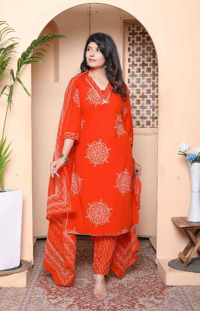 Miravan Womens Floral Printed Straight Fit Kurta With Palazzo And Dupatta - Orange