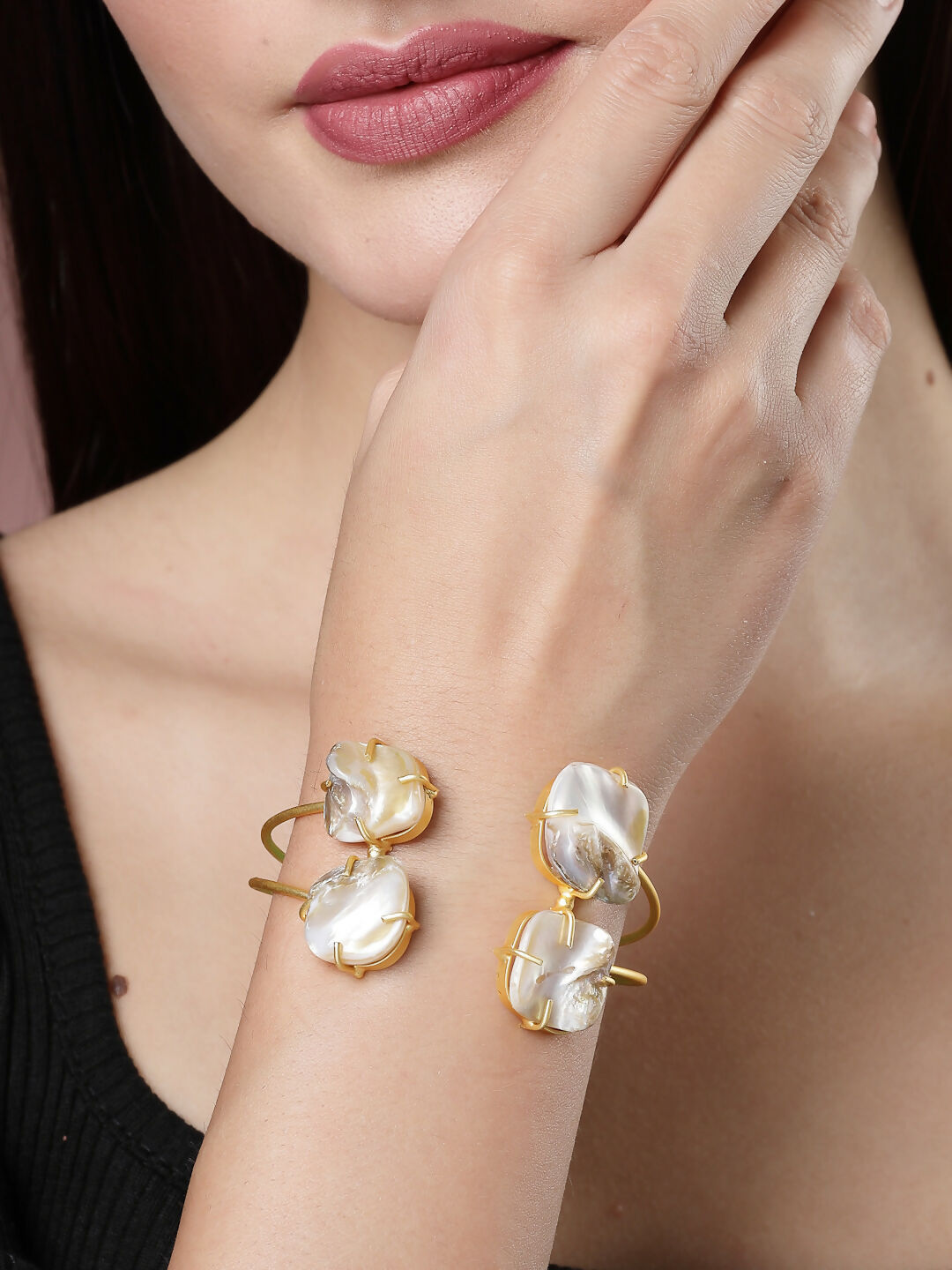 NVR Women's Gold-Polished Mother of Pearl Handcrafted Cuff Bracelet | Grab2Buy