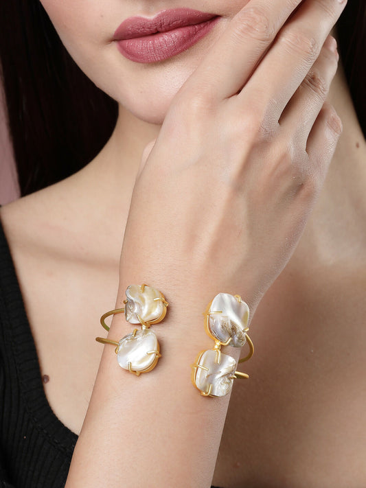 NVR Women's Gold-Polished Mother of Pearl Handcrafted Cuff Bracelet | Grab2Buy