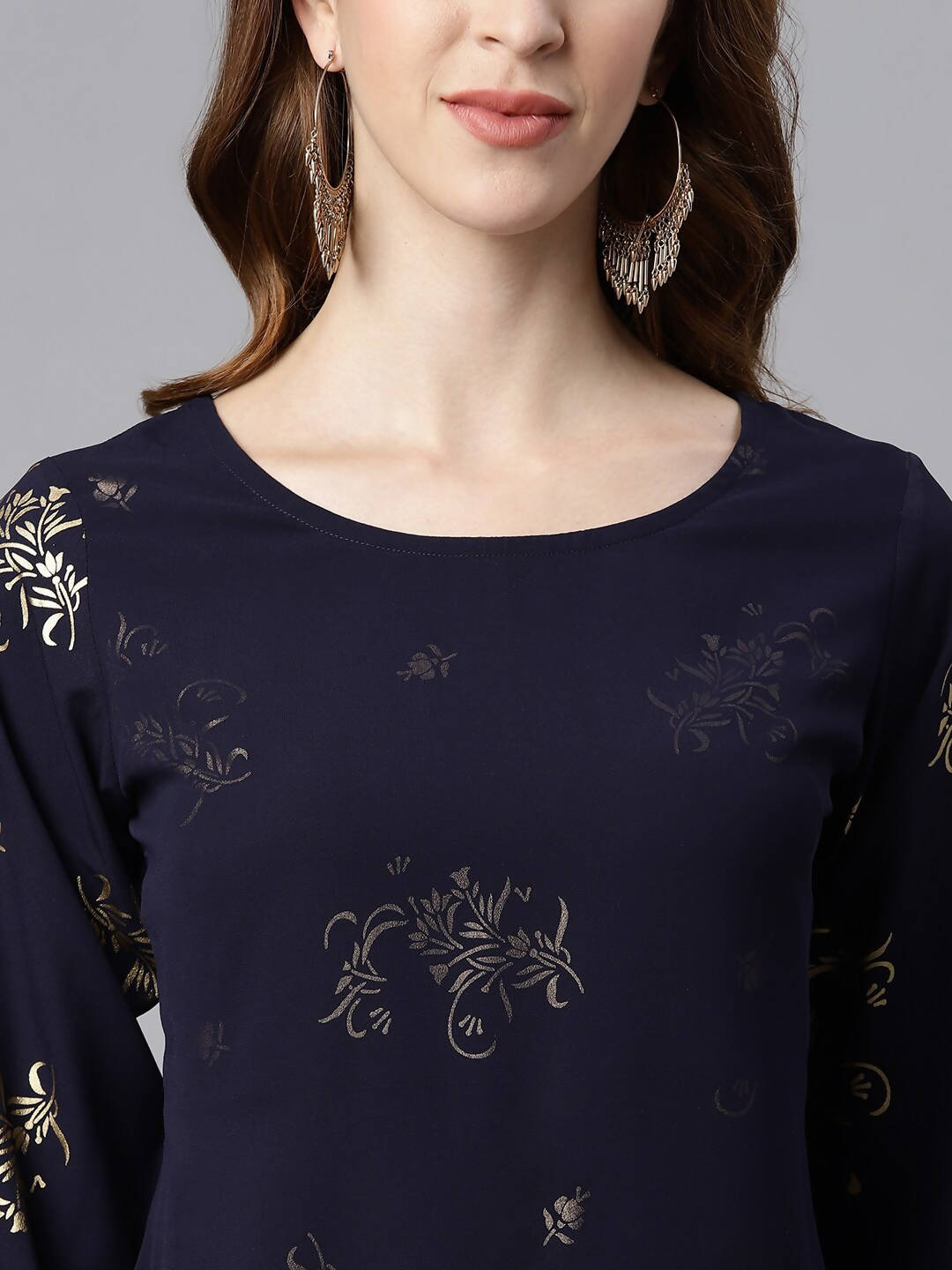 Janasya Women Navy Blue Quirky Embellished Crepe Anarkali Kurta