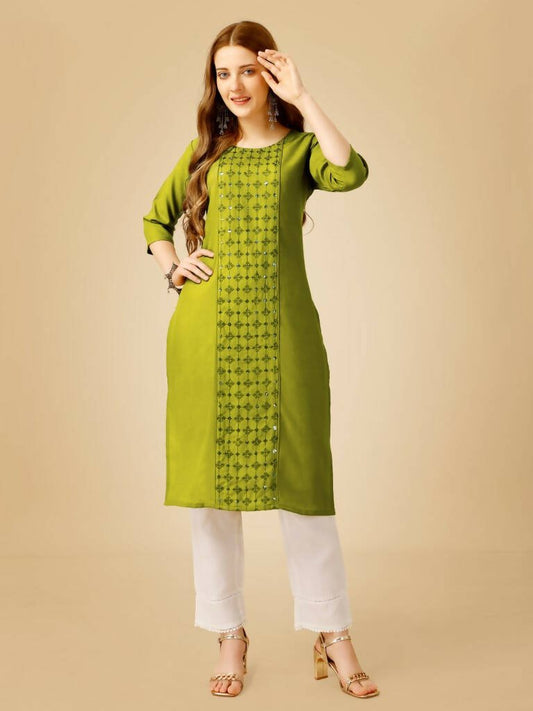 Aastha Fashion Women's Green Cotton Blend Embroidered Kurta Pant Set - Grab2buy