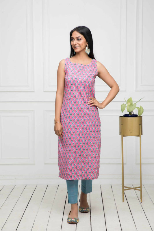 Myshka Women Pink Solid Cotton Straight Round Neck Kurtas - Grab2buy